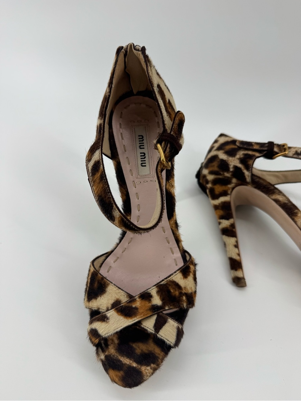 Miu Miu Leopard Print Calf Hair Crisscross Ankle Strap Heels Sz37.5 Authenticate - Picture 4 of 10